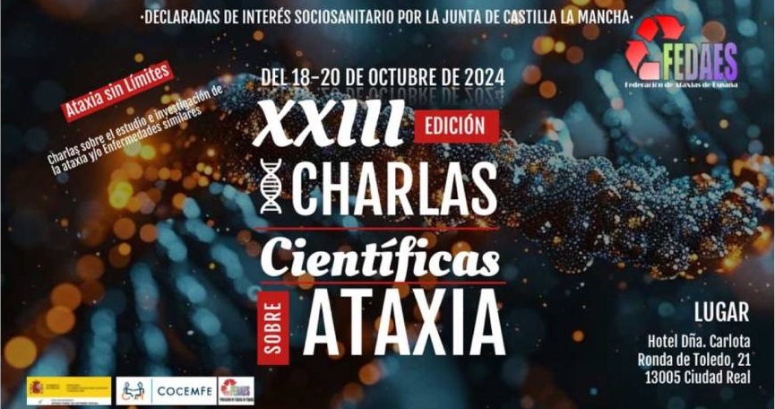 Cartel Charlas Científicas sobre Ataxia 2024 organizadas por FEDAES