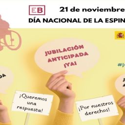 Imagen corporativa de la campaña “Jubilación anticipada YA” de FEBHI en el Día Nacional de la Espina Bífida, con un mensaje de apoyo y solicitud para la jubilación anticipada de las personas con espina bífida.