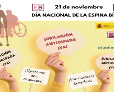 Imagen corporativa de la campaña “Jubilación anticipada YA” de FEBHI en el Día Nacional de la Espina Bífida, con un mensaje de apoyo y solicitud para la jubilación anticipada de las personas con espina bífida.