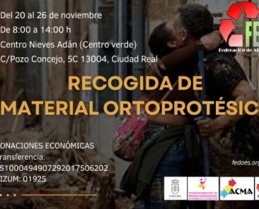 Imagen anunciadora de la campaña de FEDAES para la recogida de material ortoprotésico en apoyo a los afectados por la DANA en Valencia, con información sobre fechas y ubicación.