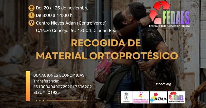 Imagen anunciadora de la campaña de FEDAES para la recogida de material ortoprotésico en apoyo a los afectados por la DANA en Valencia, con información sobre fechas y ubicación.