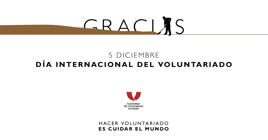 Cartel con la palabra “Gracias” y un mensaje de homenaje a los voluntarios en el Día Internacional del Voluntariado, inspirado en la catástrofe de Valencia.